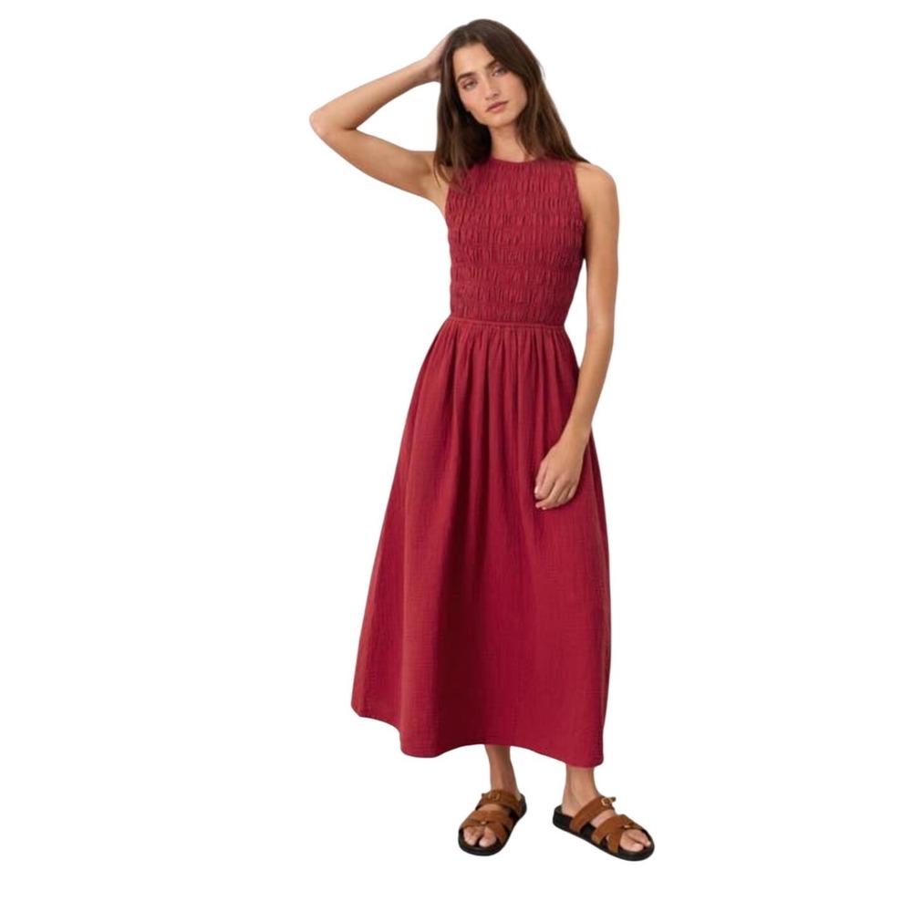 Pact Organic Cotton Coastal Double Gauze Smocked Maxi Dress Size M Poppy Red